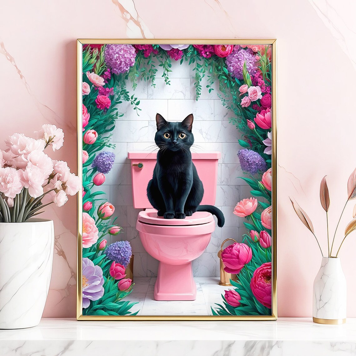Black Cat Pink Toilet Floral Arch Funny Bathroom Decor Poster - Image 3