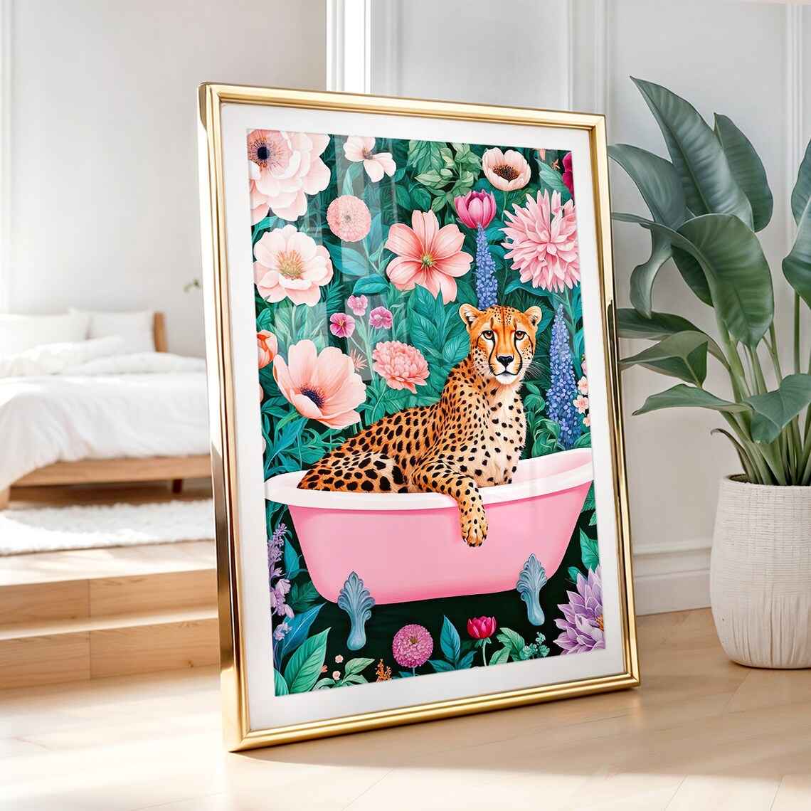 Cheetah In A Bathtub, Boho Bathroom Art Print
