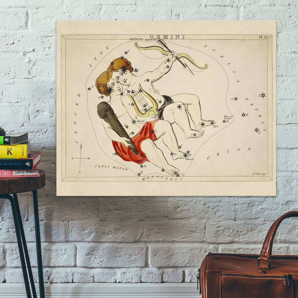 Gemini Antique Constellation Star Chart Sidney Hall Zodiac Twins Poster - Image 2