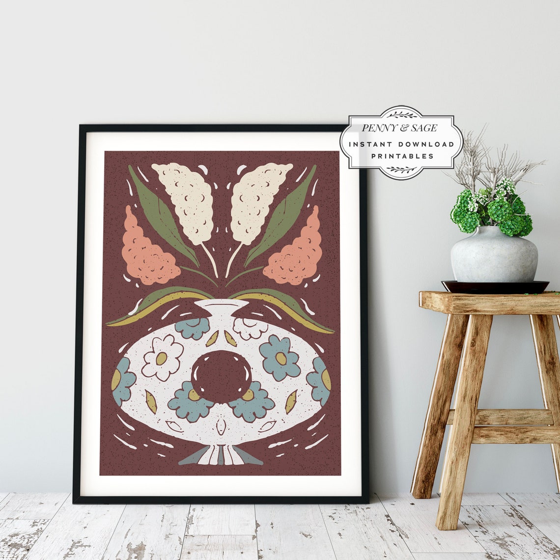 Abstract Patterned Vase Poster Floral Folk Art Boho Maroon Decor