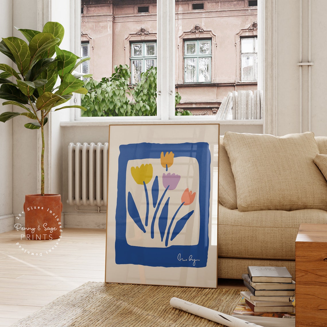 Blue Border Abstract Tulip Flower Modern Minimalist Art Poster