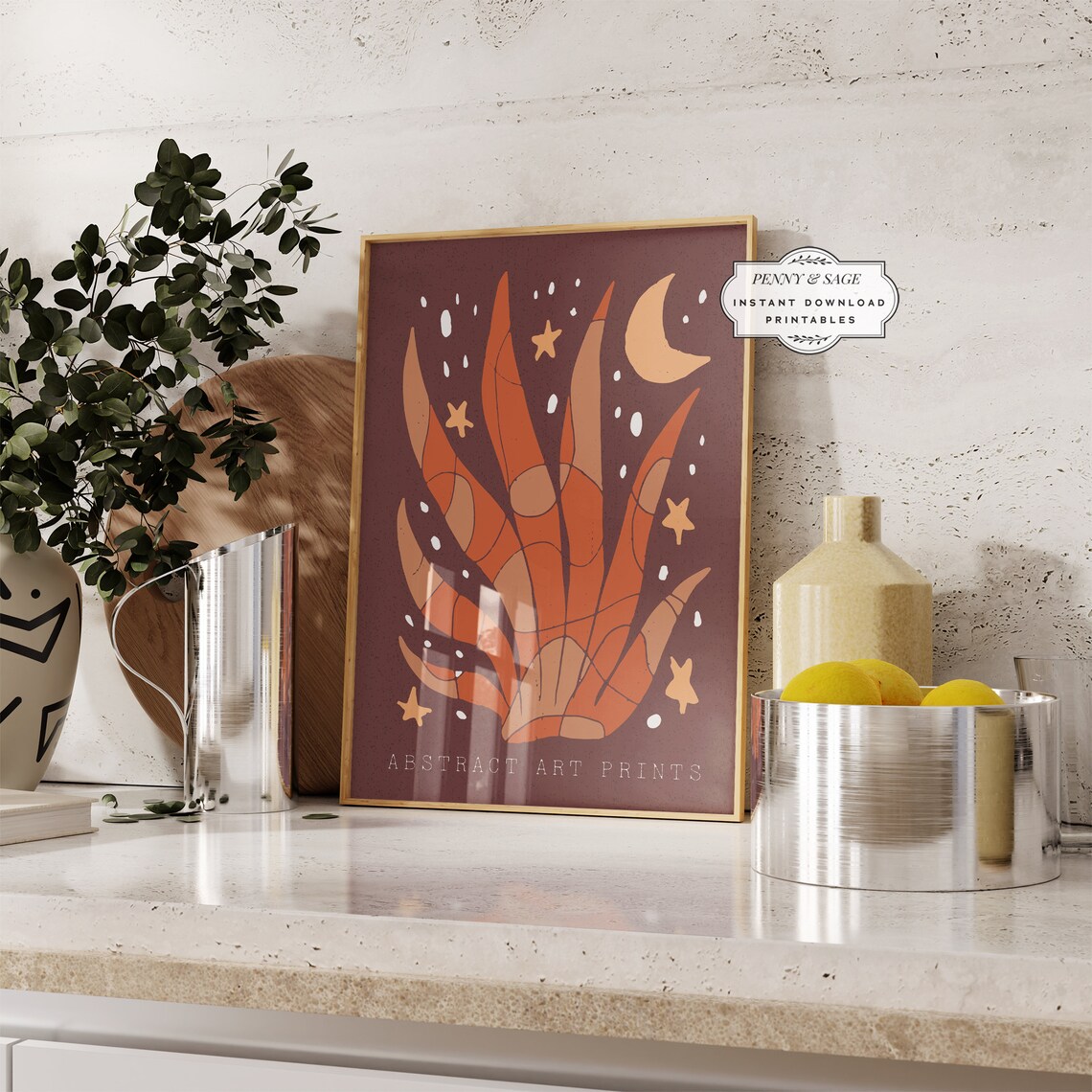 Terracotta Abstract Coral Moon Stars Retro Celestial Art Poster