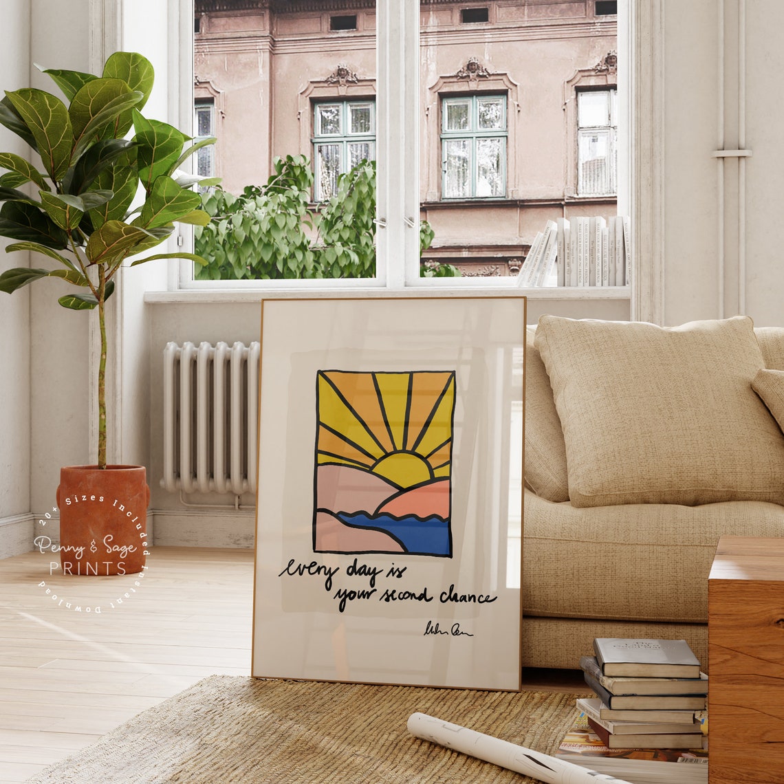 Every Day Is Your Second Chance Retro Sunrise Waves Quote Poster