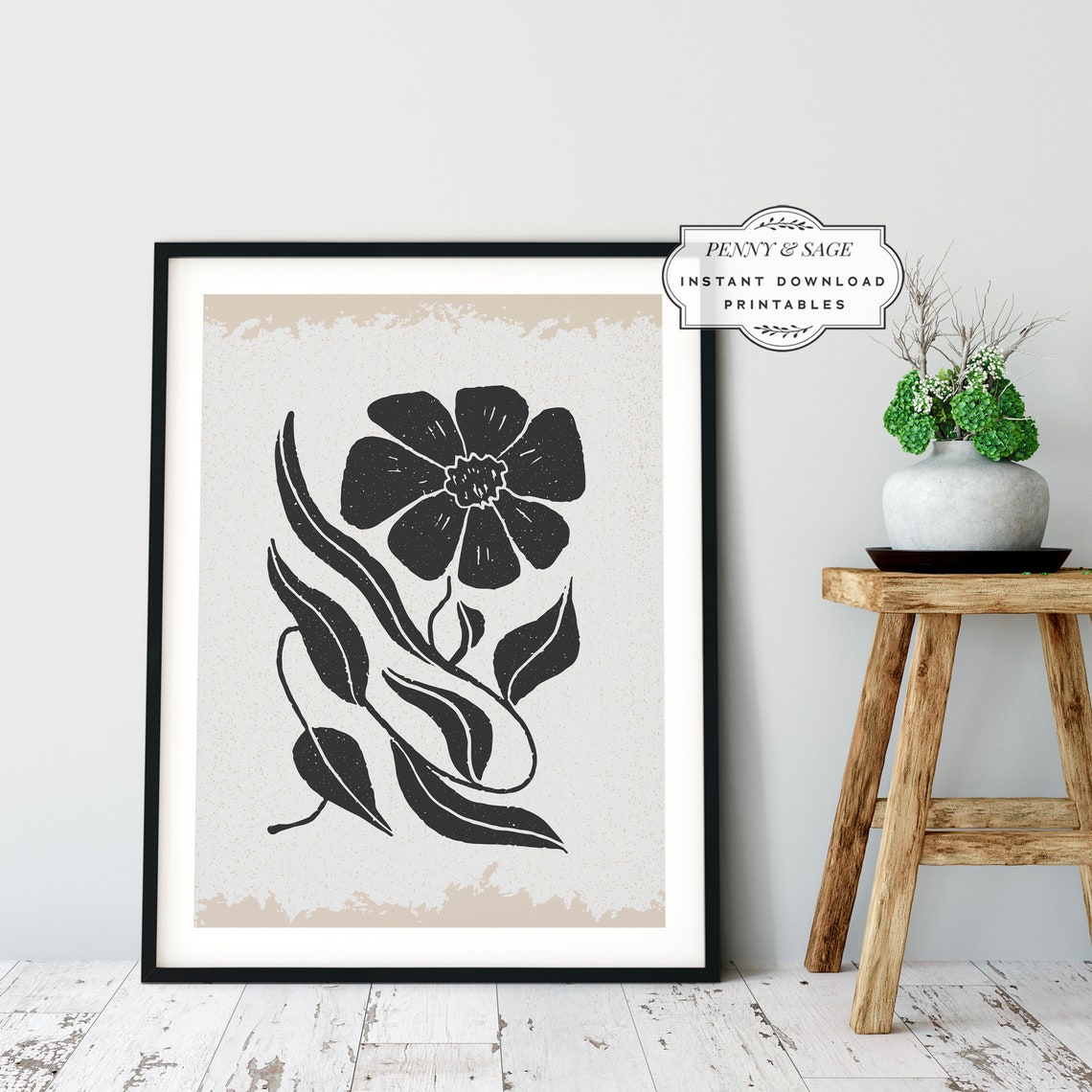 Black Beige Botanical Flower Linocut Style Neutral Art Poster