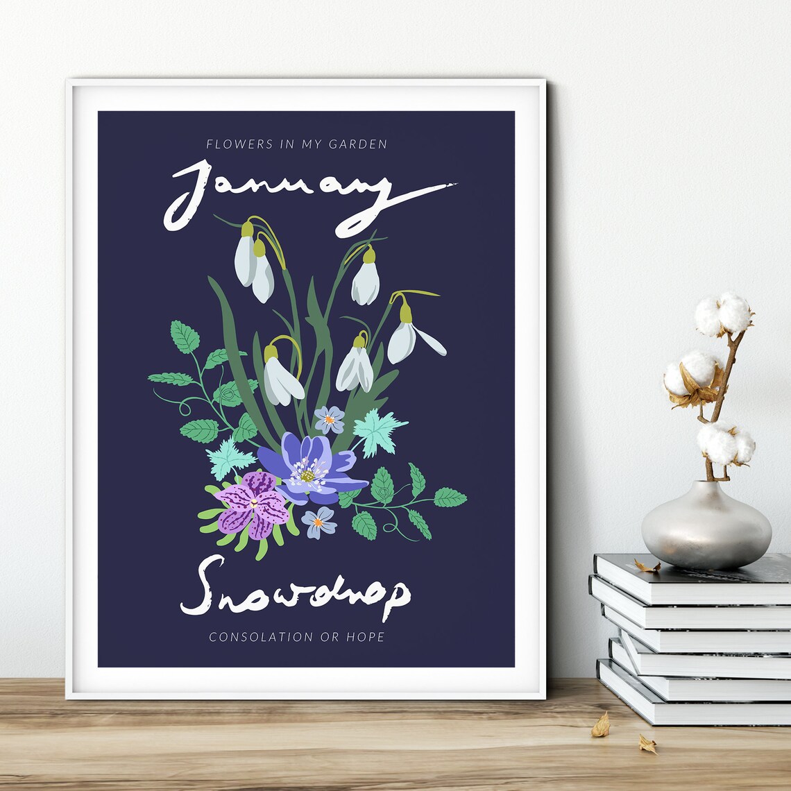 January Snowdrop Birth Month Flower Navy Botanical Art Poster - Image 2