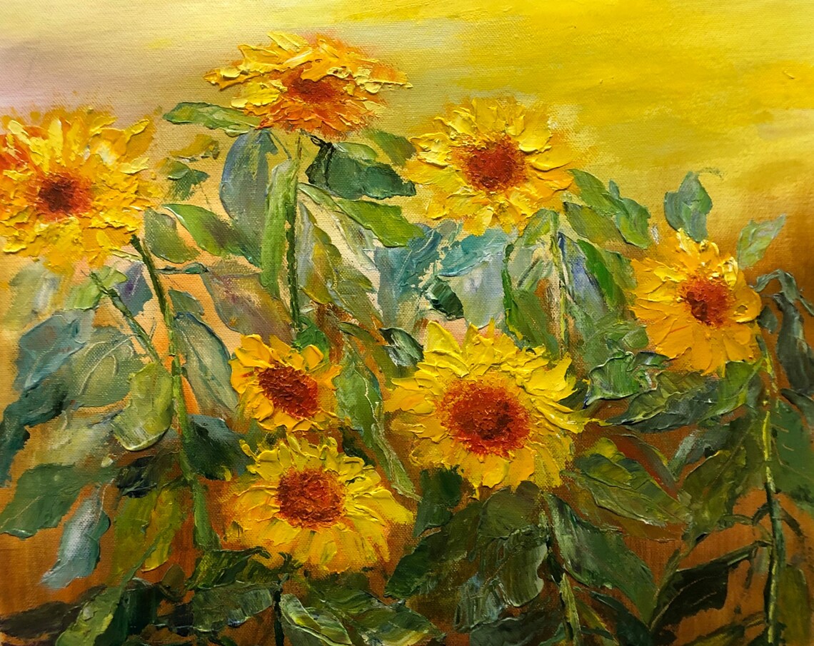Golden Sunflowers Bloom Impasto Oil Painting Sunlit Floral Art Print