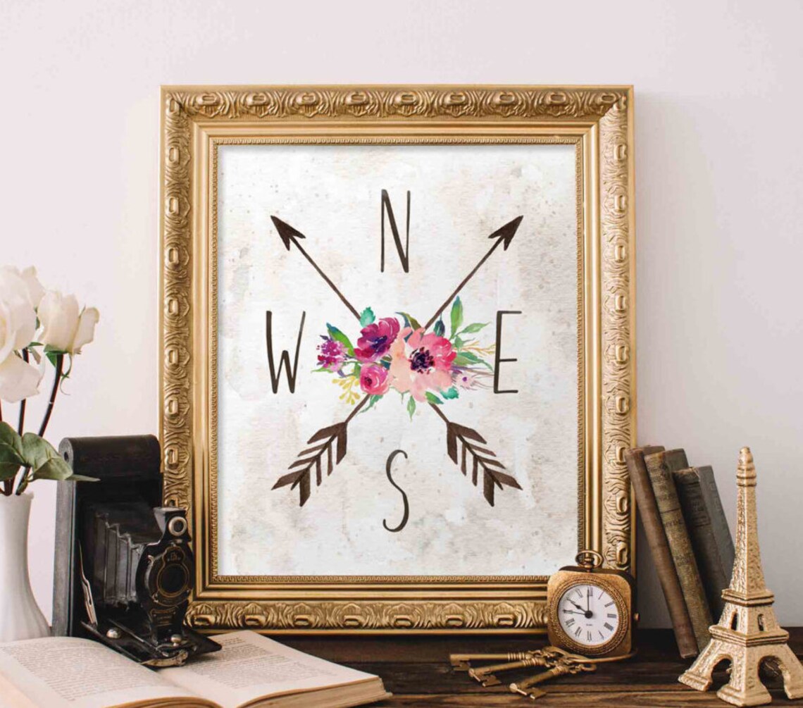 Compass Floral Directional Tribal Arrow Art Print