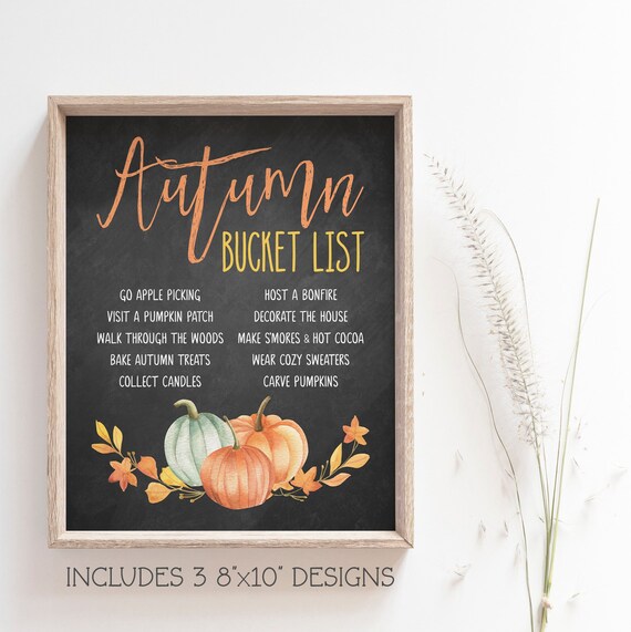 Autumn Bucket List Fall Activities Chalkboard Pumpkins Wall Art Print