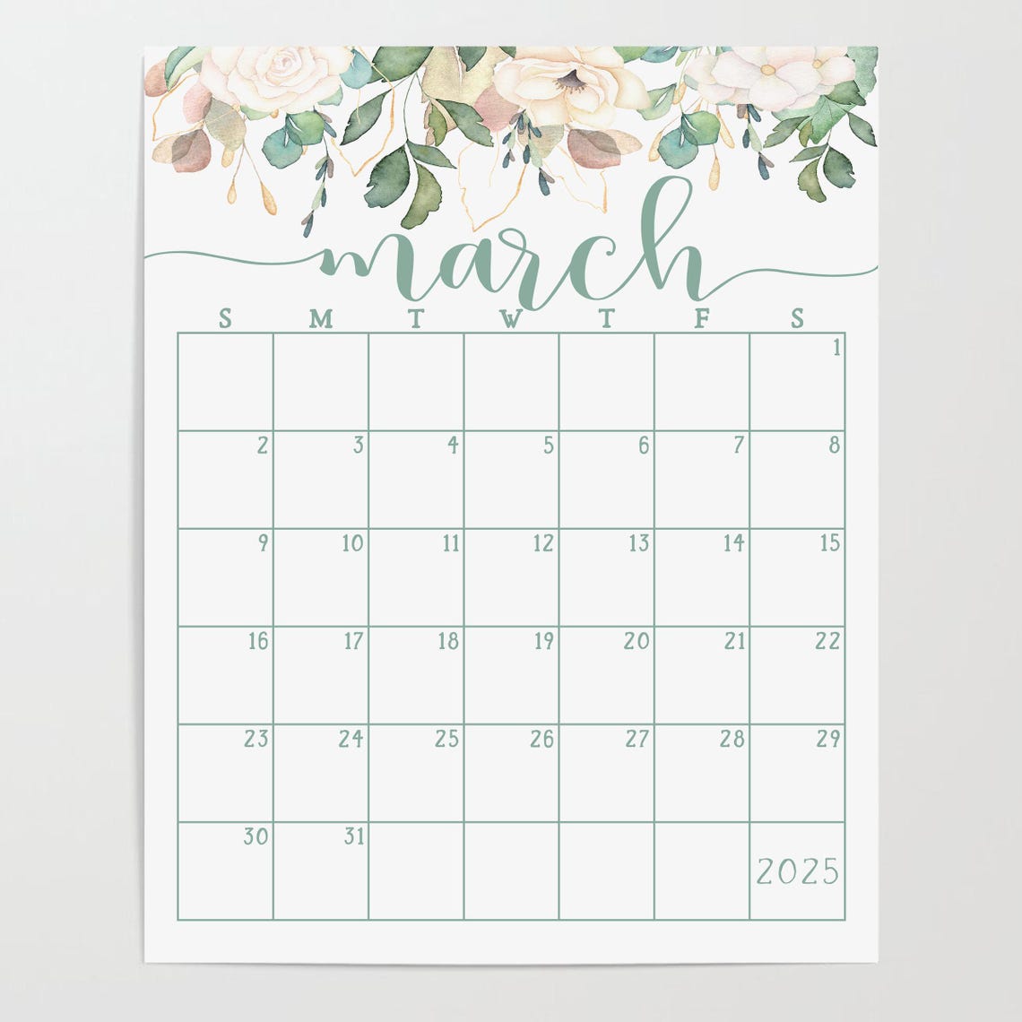 March 2025 Calendar Sage Script Boho Floral Spring Monthly Planner - Image 2