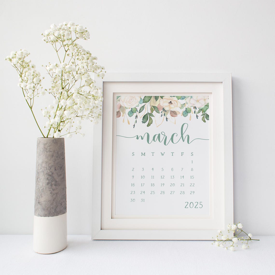 March 2025 Calendar Sage Script Boho Floral Spring Monthly Planner - Image 5