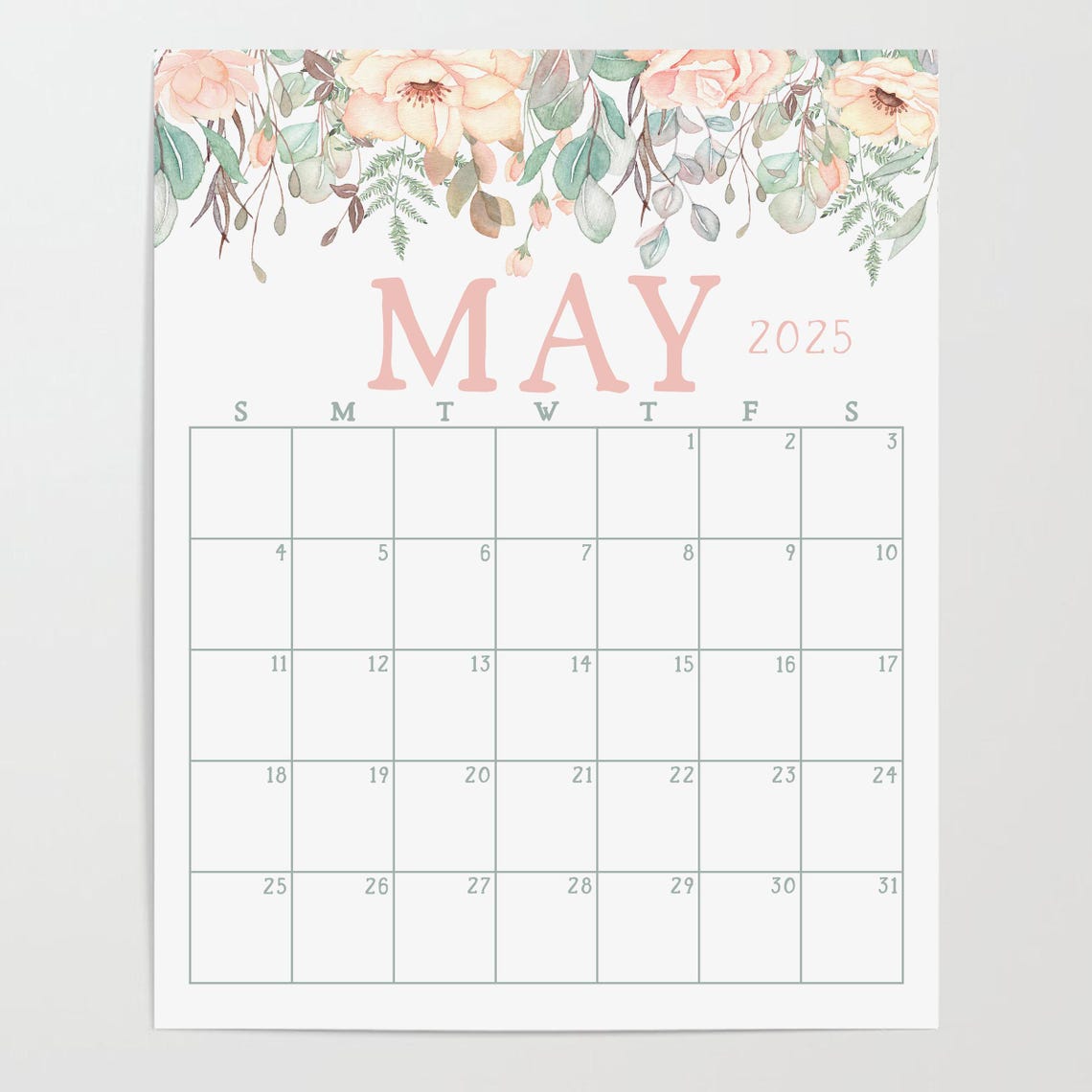 May 2025 Calendar Boho Floral Garland Spring Monthly Planner Print - Image 4