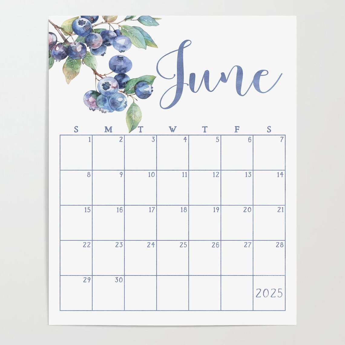 June 2025 Calendar Blueberry Watercolor Summer Monthly Planner Print - Image 4