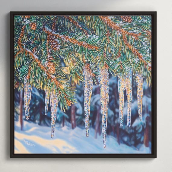 Icicles On Pine Branches Drawing Winterthemed Colored Pencil Artwork With Cool Tones Framed Nature Print For Seasonal Home Decor