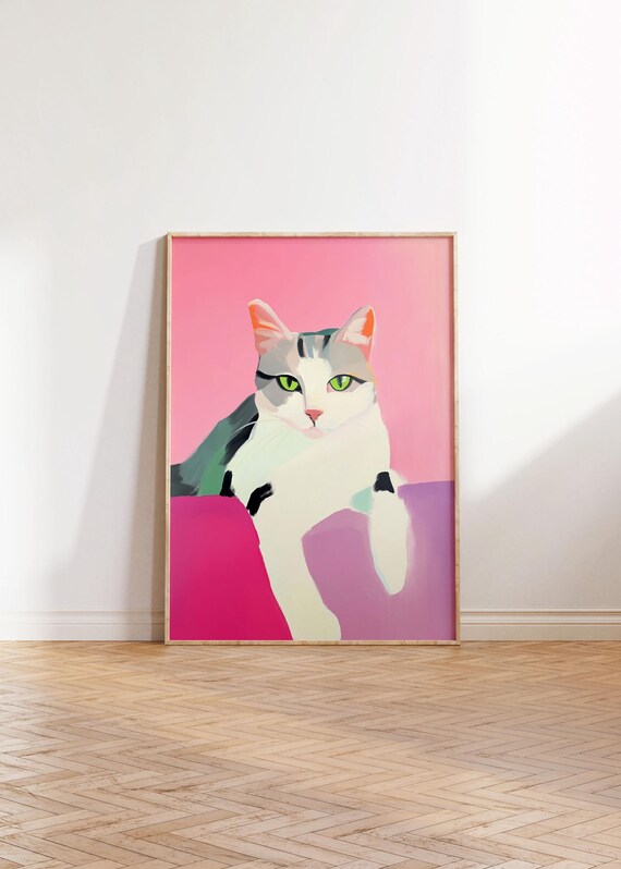 Green Eyed White Cat Pink Background Modern Pet Portrait Poster