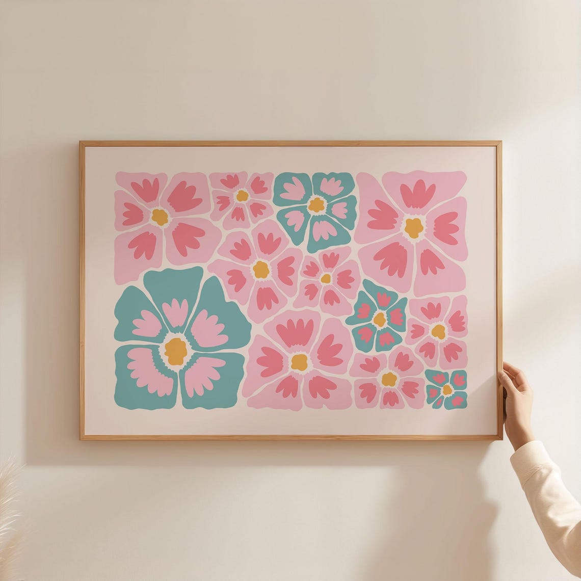 Pink Teal and Yellow Retro Blossom Floral Pattern Botanical Poster