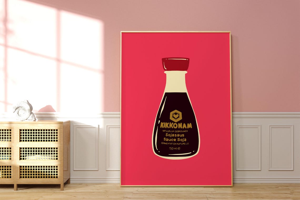 Kikkonam Soy Sauce Bottle Bold Pop Art Hot Pink Kitchen Poster