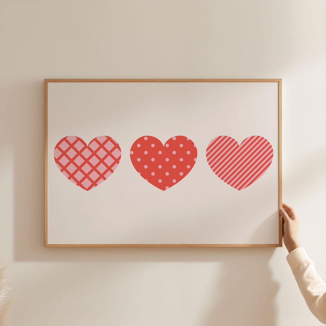 Three Patterned Hearts Red Pink Retro Geometric Valentine Wall Art