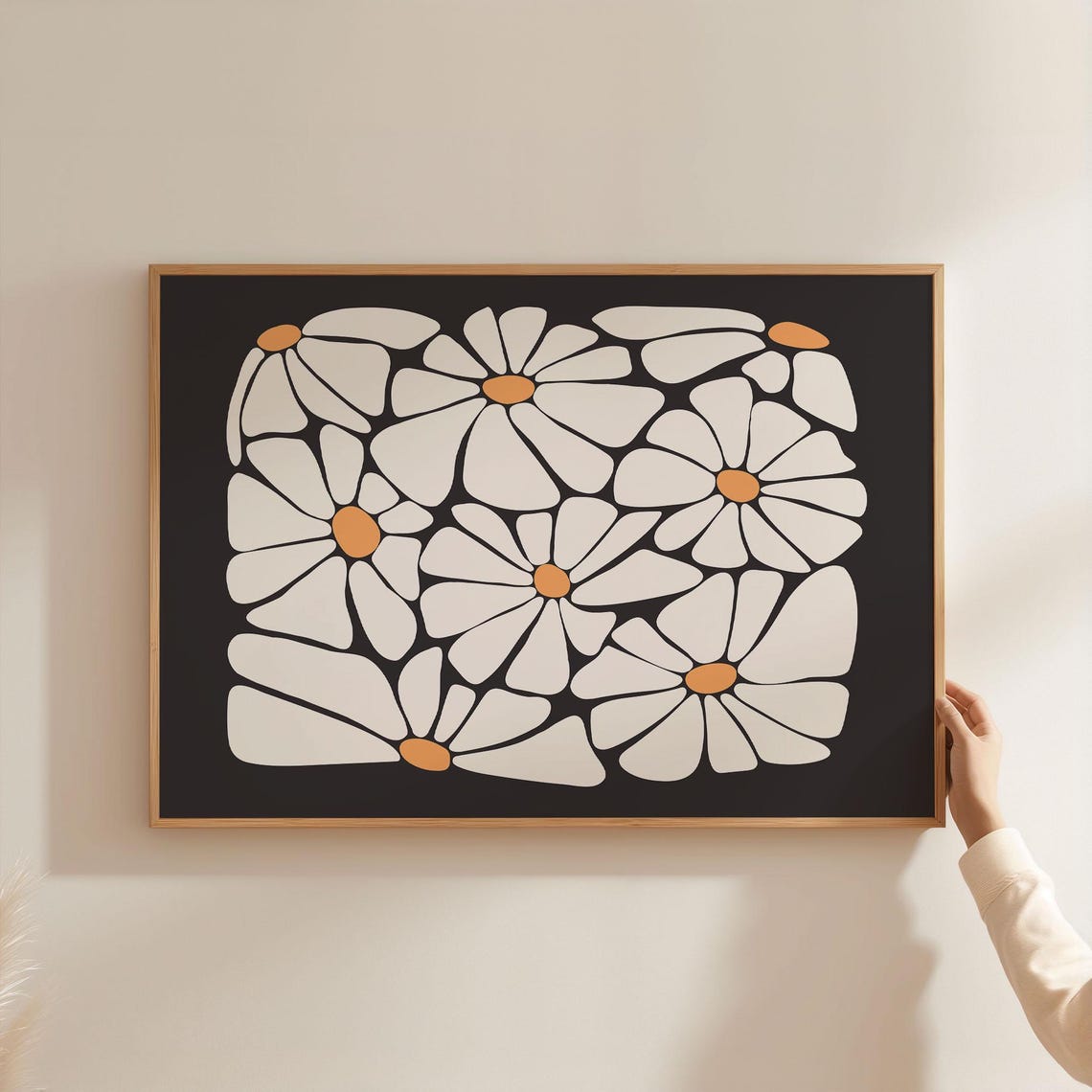 Retro Daisy Pattern Black Background Maximalist Floral Art Poster
