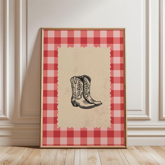 Vintage Checkered Rodeo Print Western Bedroom Poster Cowboy Boots Red Brown Rustic Mid West Century Modern Retro