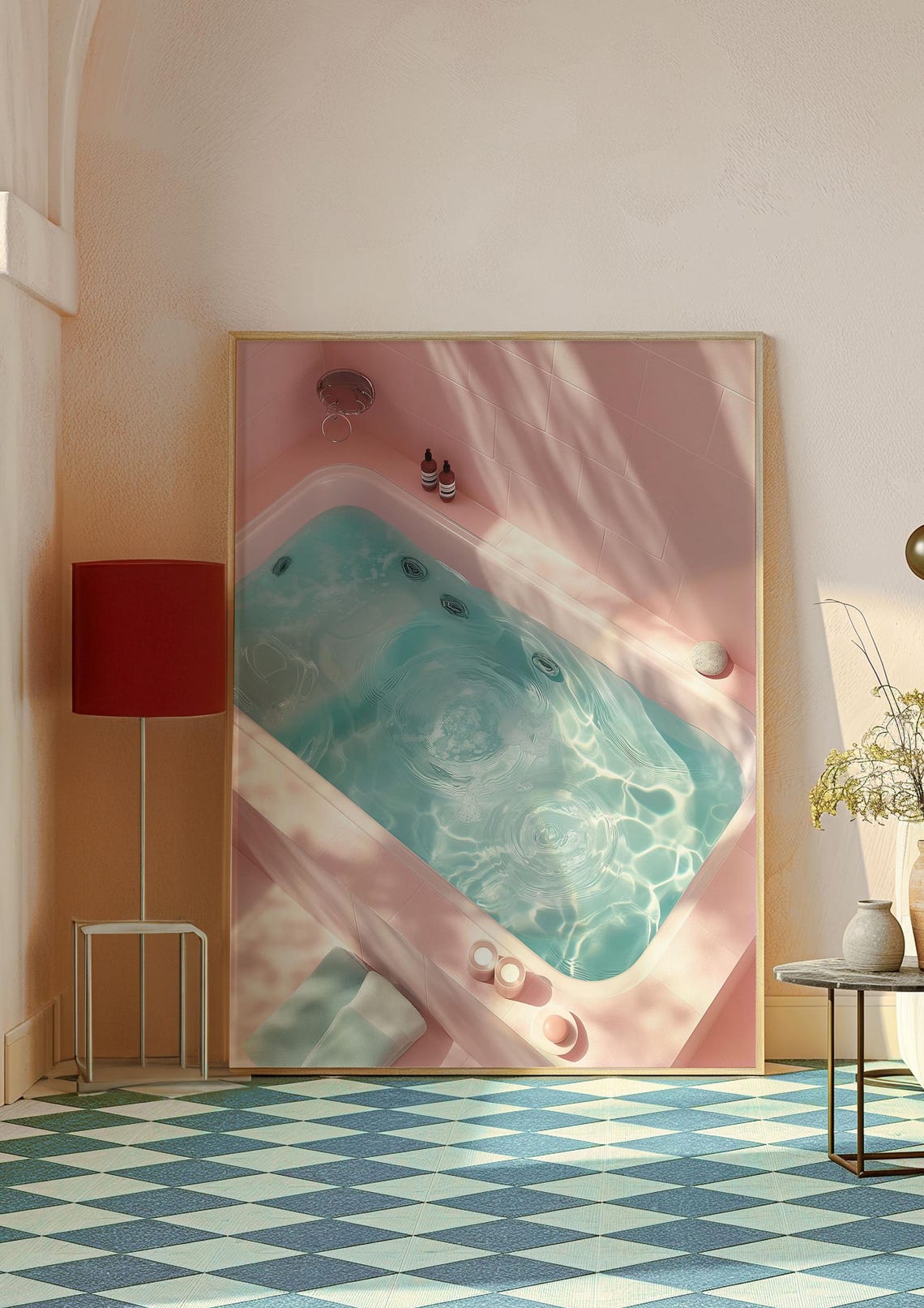 Sunlit Pink Bathtub with Aqua Water Modern Bathroom Wall Art