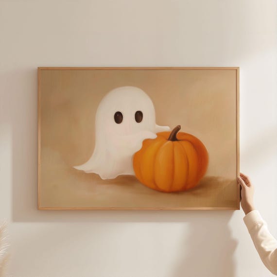 Cute Holding Pumpkin Print Neutral Halloween Wall Art Rustic Country Decor Modern