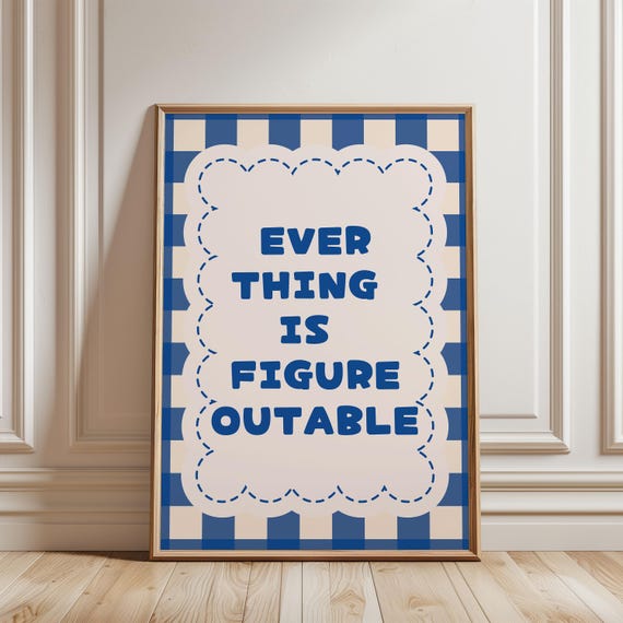 Everything Is Figureoutable Wall Art Funny Positive Affirmation Typography Blue Checkered Pattern For Girly Bedroom