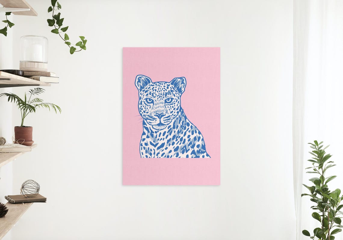 Blue Line Art Leopard Portrait on Blush Pink Modern Animal Poster