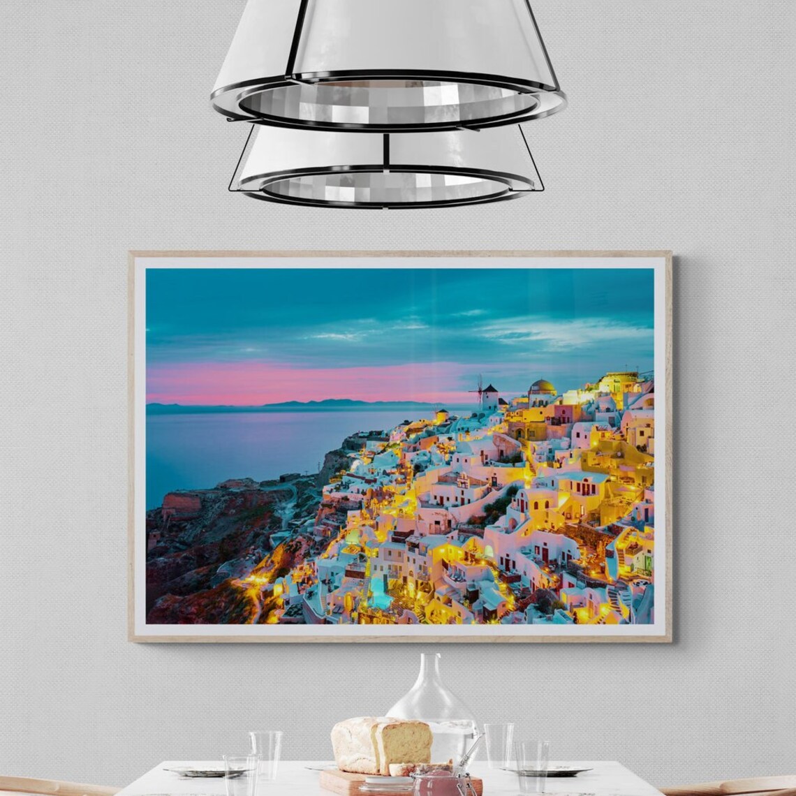 Santorini Oia Greece Village Lights Dusk Aegean Sea Photo Poster
