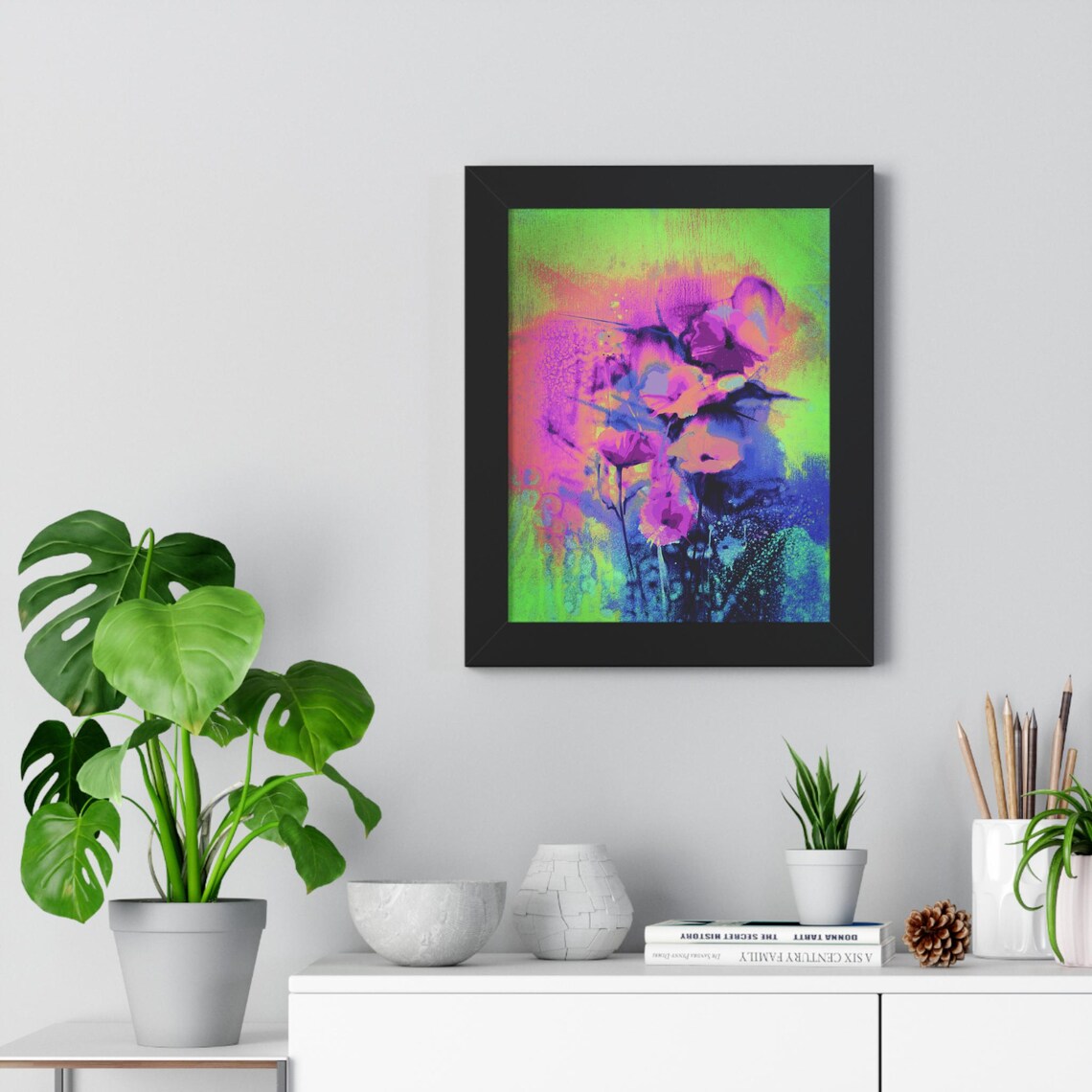Abstract Neon Flower Bouquet in Electric Pink and Green Poster - Image 3