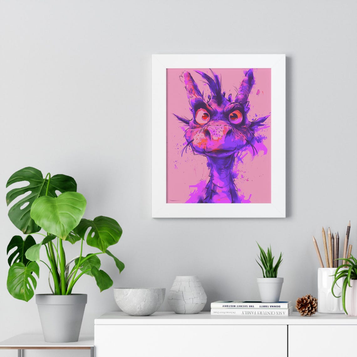 Sassy Grumpy Little Purple Cartoon Dragon Portrait Framed Poster - Image 4