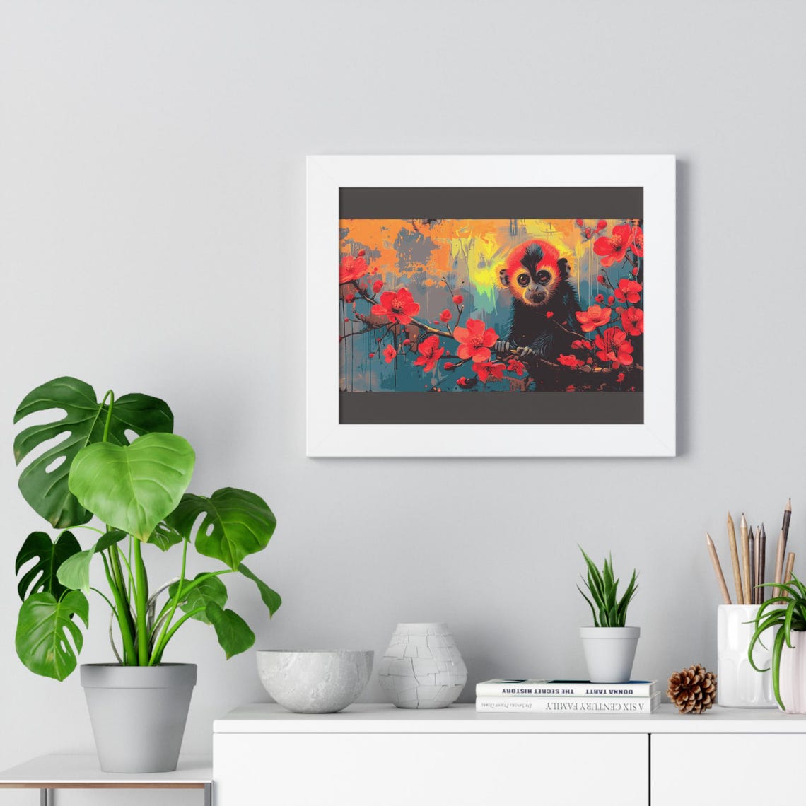 Colorful Monkey with Red Fur Among Cherry Blossoms Grunge Art Poster - Image 3