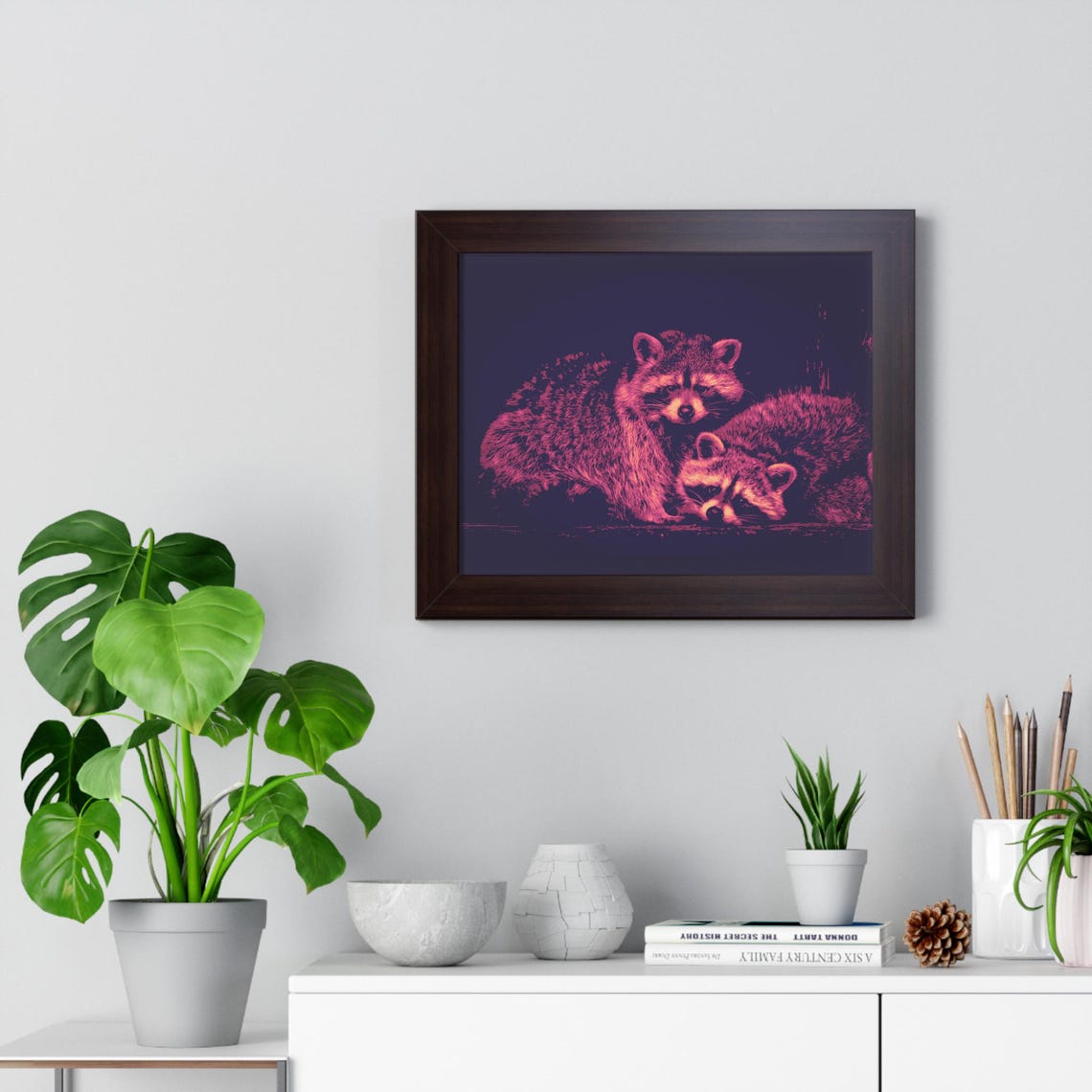 Two Glowing Raccoons in Neon Pink Pop Art Style Framed Poster - Image 2
