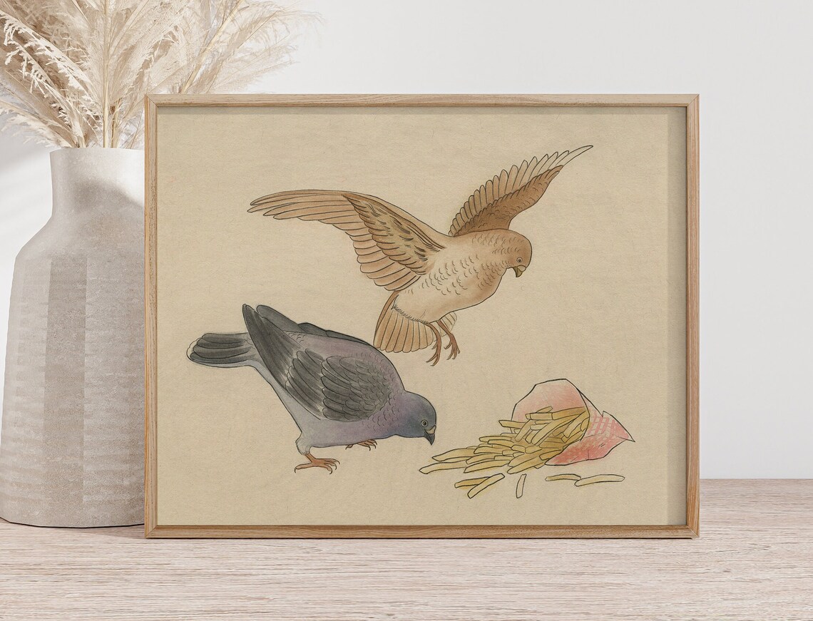 NYC Pigeon Illustration, Woodcut Style Art Print