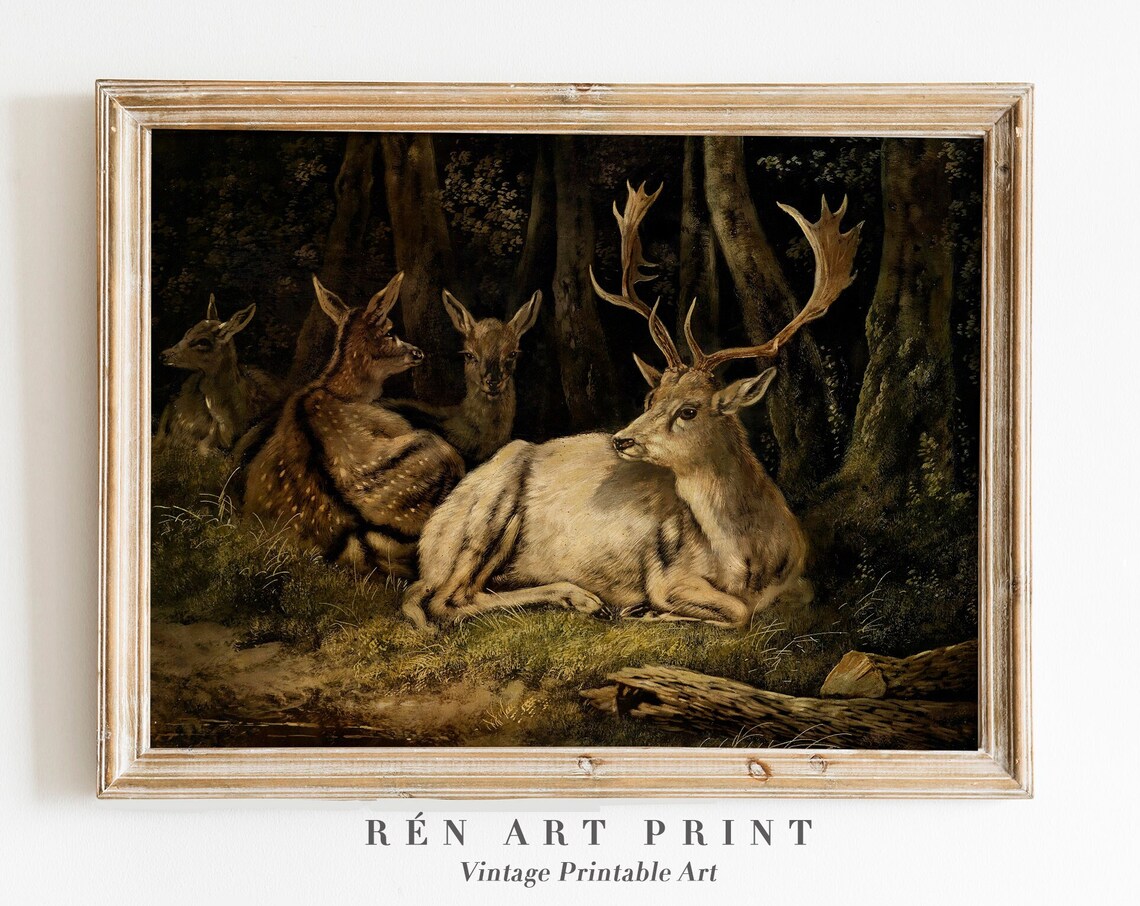 Vintage Deer Painting, Rustic Farmhouse Wall Art