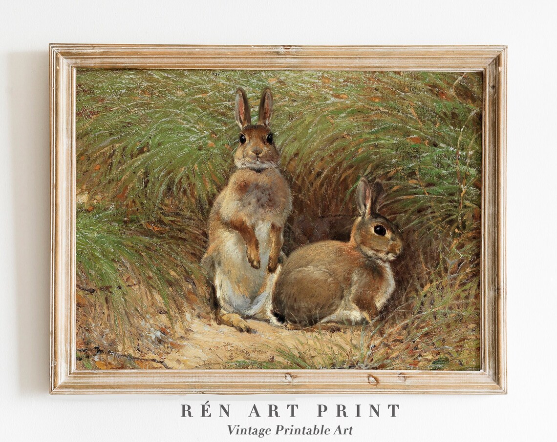 Vintage Rabbit Painting Art Print, Rustic Nursery Decor
