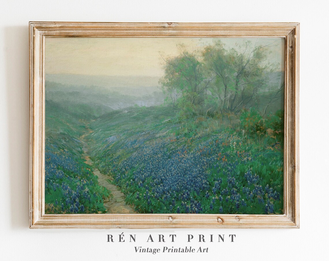 Blue Wildflower Hillside at Dusk Vintage Landscape Oil Painting Print