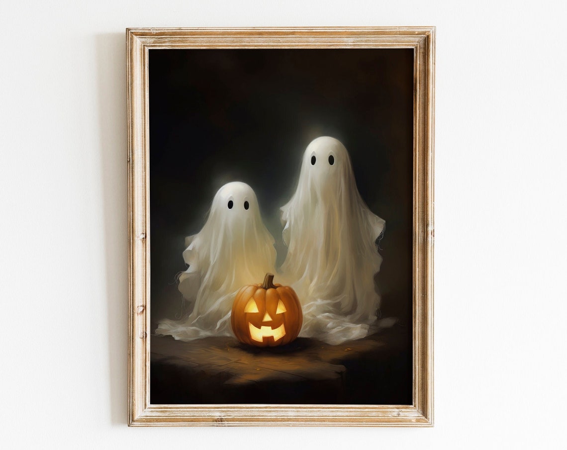 Two Cute Ghosts With Glowing Jack O Lantern Halloween Poster