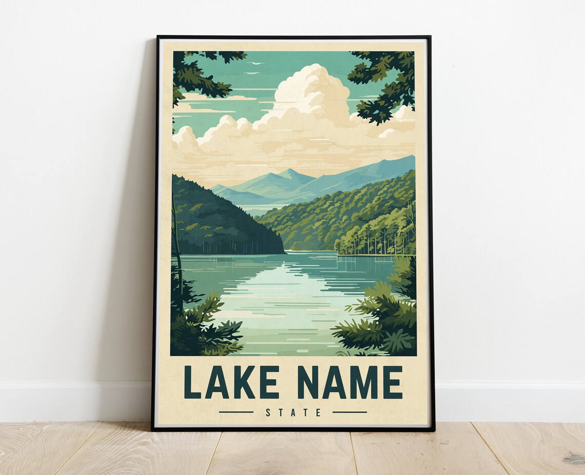 Custom Lake And State Vintage Travel Poster, Personalized