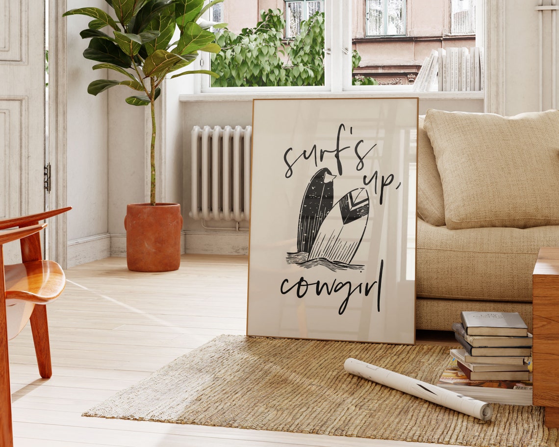 Surfs Up Cowgirl Vintage Surfboards Coastal Typography Quote Poster - Image 3