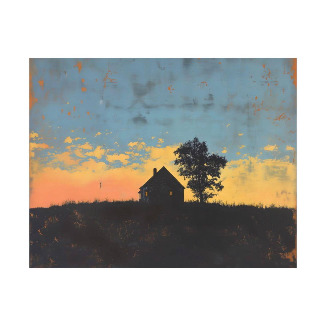 Weathered Farmhouse Sunset Silhouette Distressed Sky Horizon Poster - Image 3