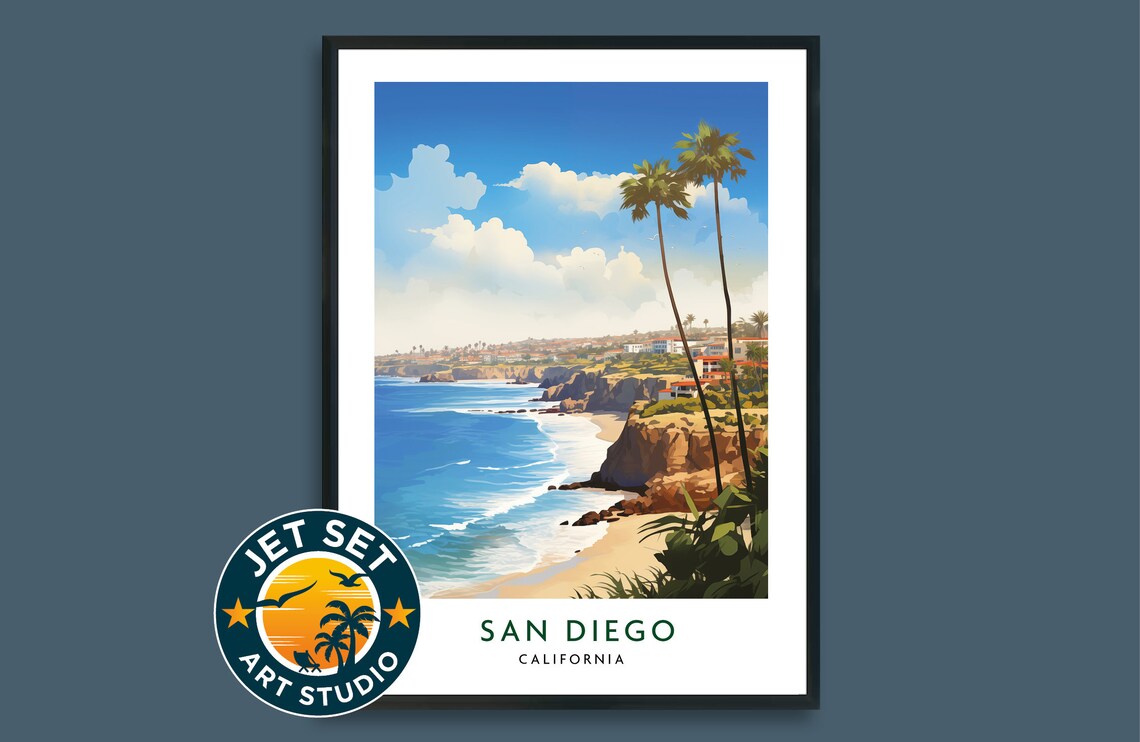 San Diego California Poster Palm Trees Sandy Cove Ocean Waves Travel Scene
