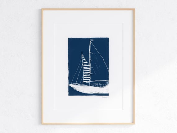 Sailboat Blue Print Small Gicle Fine Art Print Illustration Art Minimalist Art Wall Art Drawing Wall Decor Nautical Art Sailing