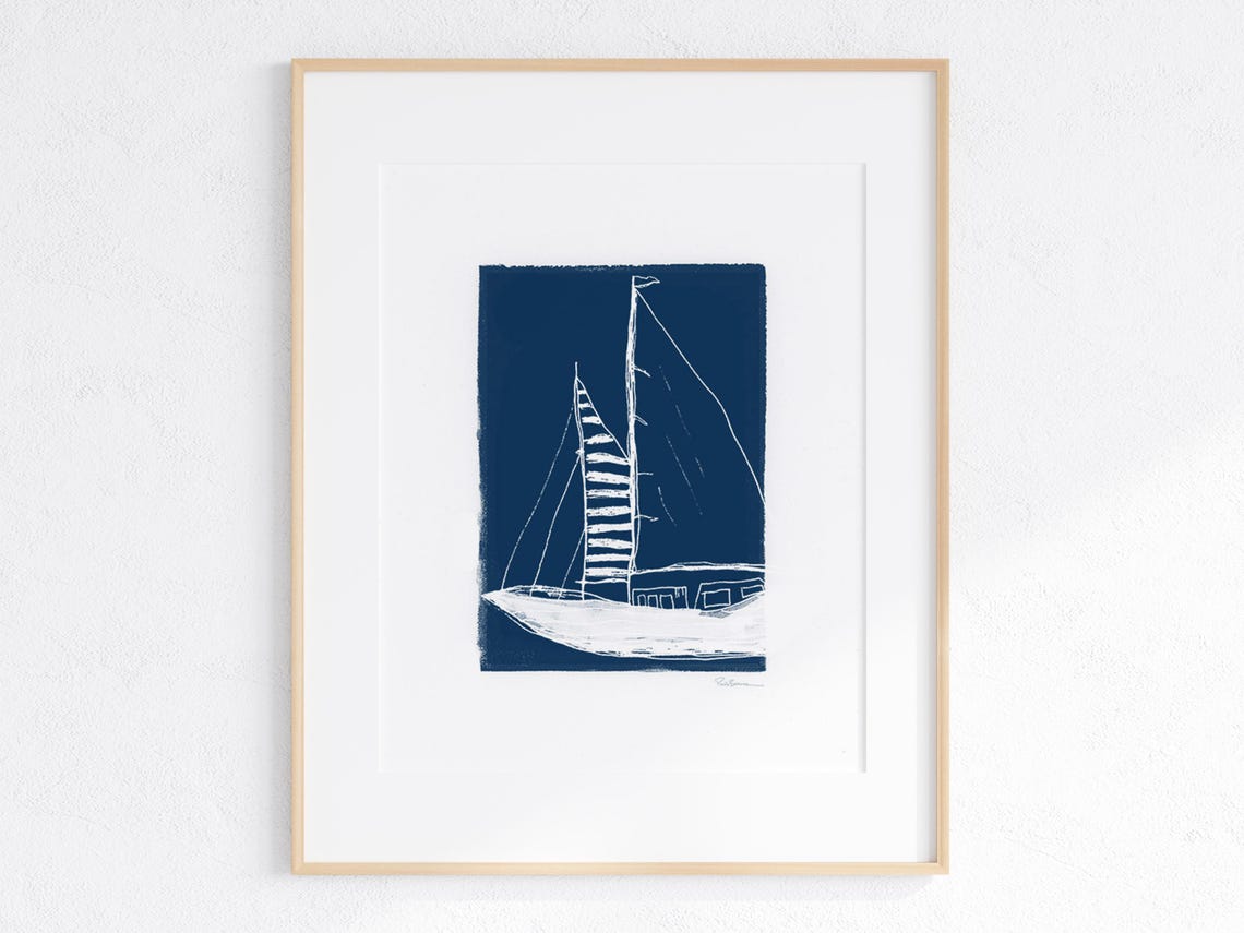 Sailboat Blue Print Small Gicle Fine Art Print Illustration Art Minimalist Art Wall Art Drawing Wall Decor Nautical Art Sailing