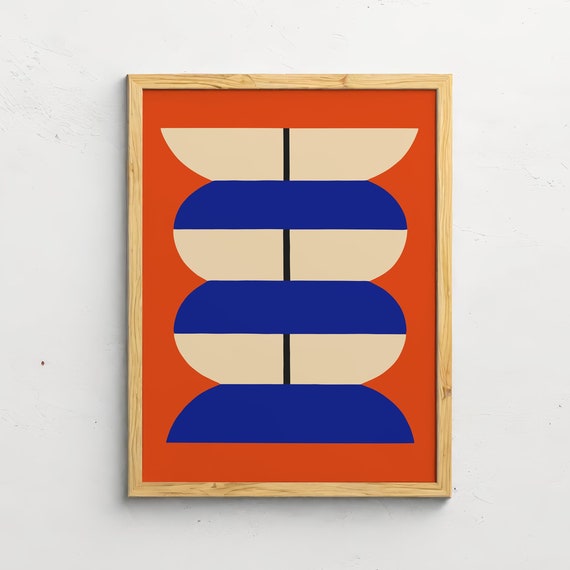 Bold Retro Geometric Wall Art Mid Century Modern Red Blue Abstract Poster Minimalist Vintage Style Print Boho Home Decor Large Wall Art