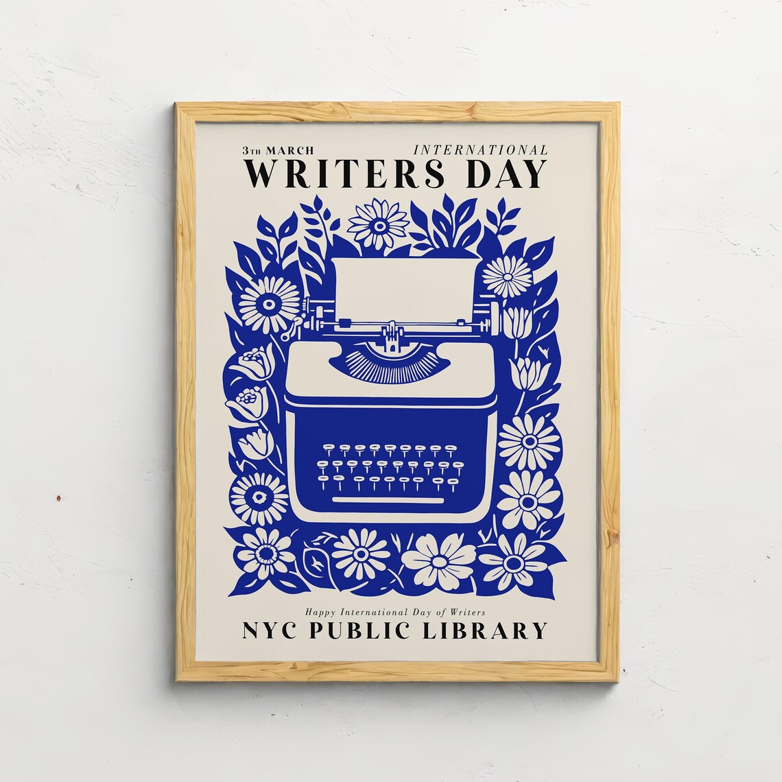 NYC Library Vintage International Writers Day Blue Floral Poster