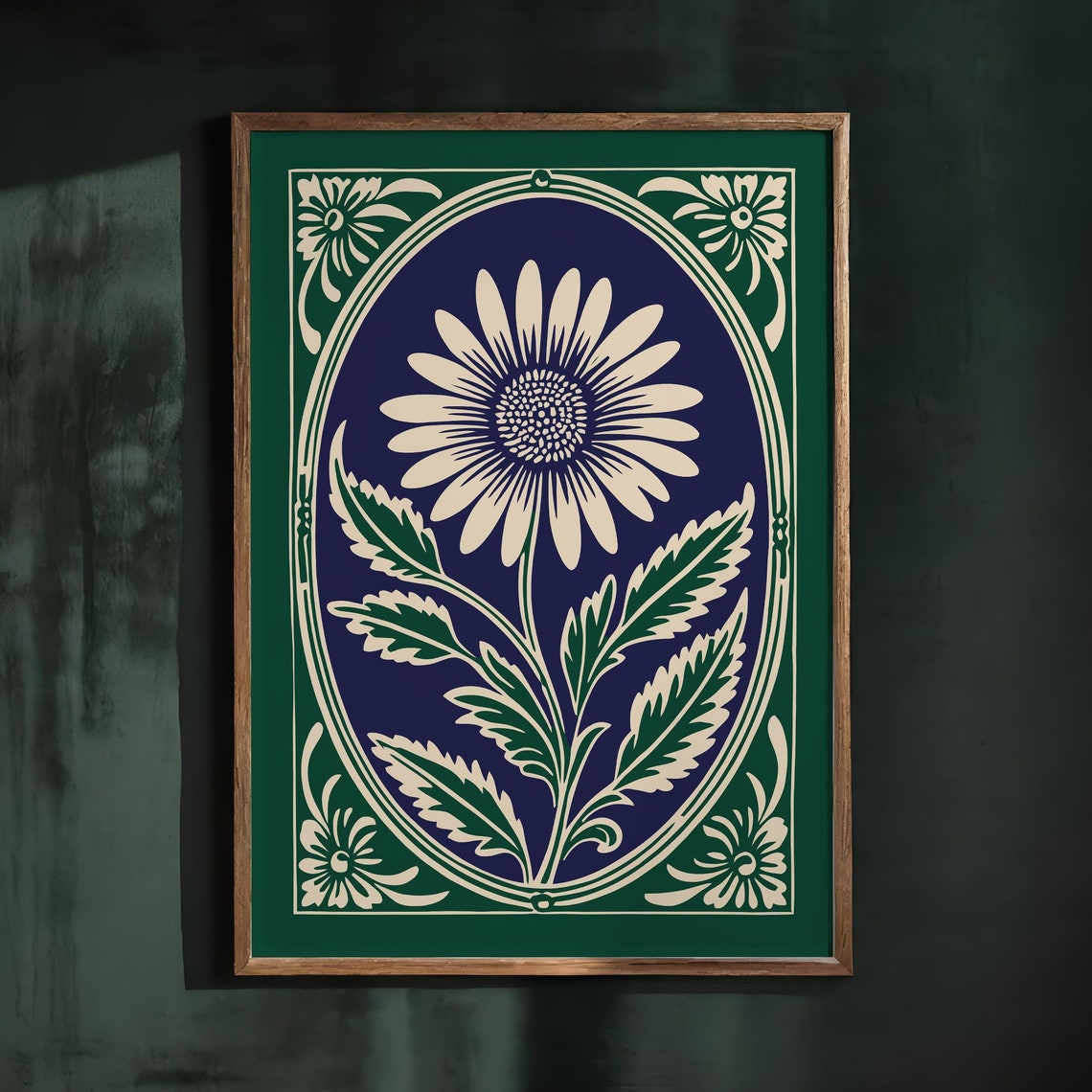 Green Rococo Daisy White Bloom Navy Elegant Botanical Poster