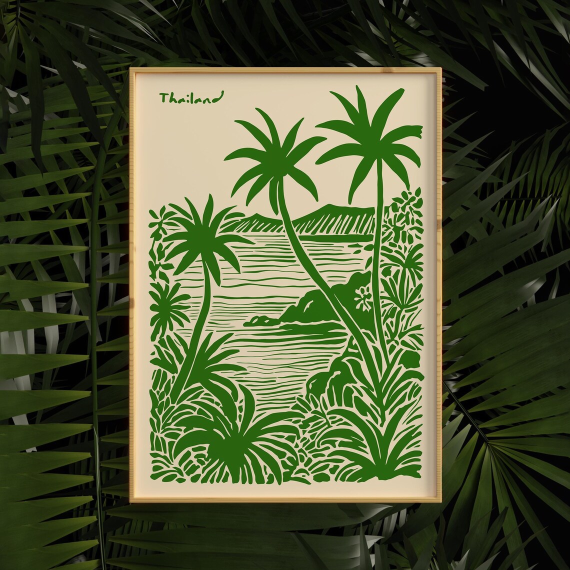 Thailand Green Palm Lagoon Tropical Coastal Travel Art Poster