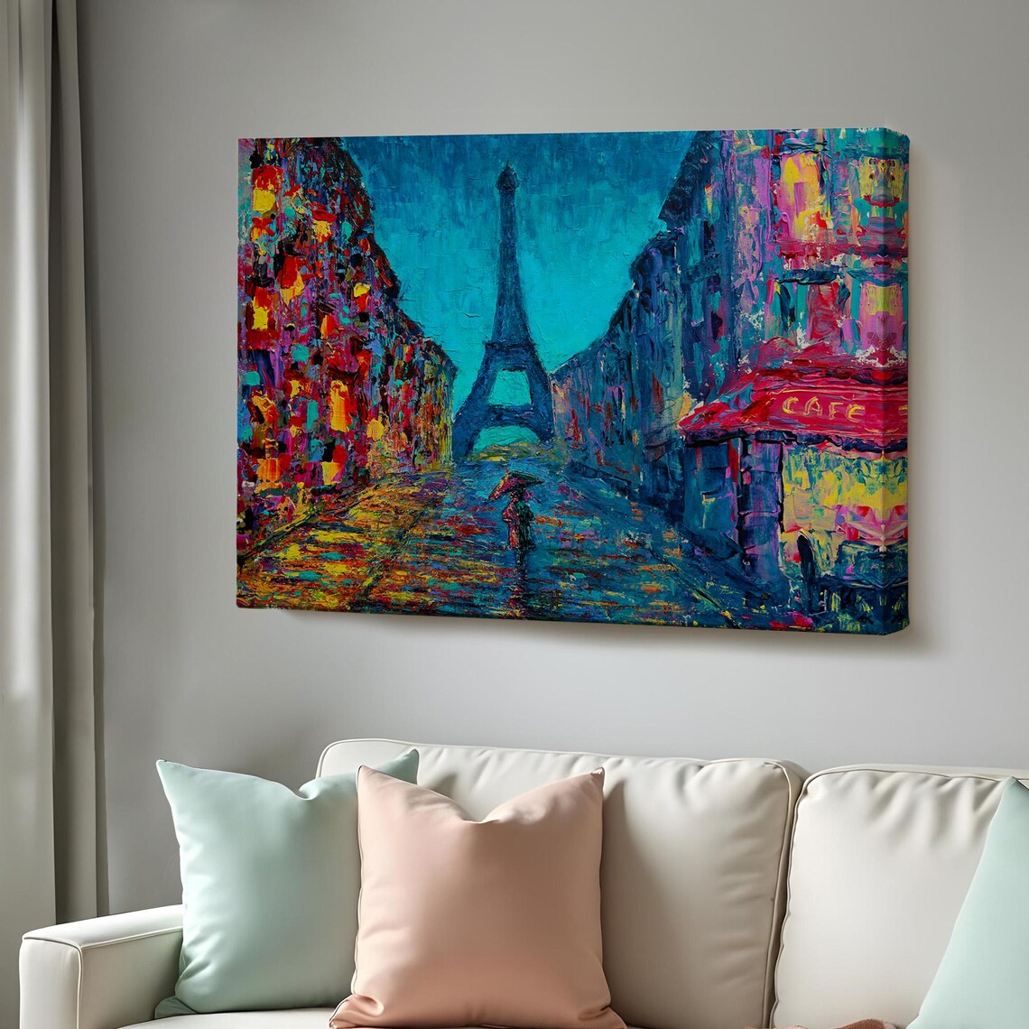 Paris Eiffel Tower Street Night Colorful Impasto Cafe Painting Poster