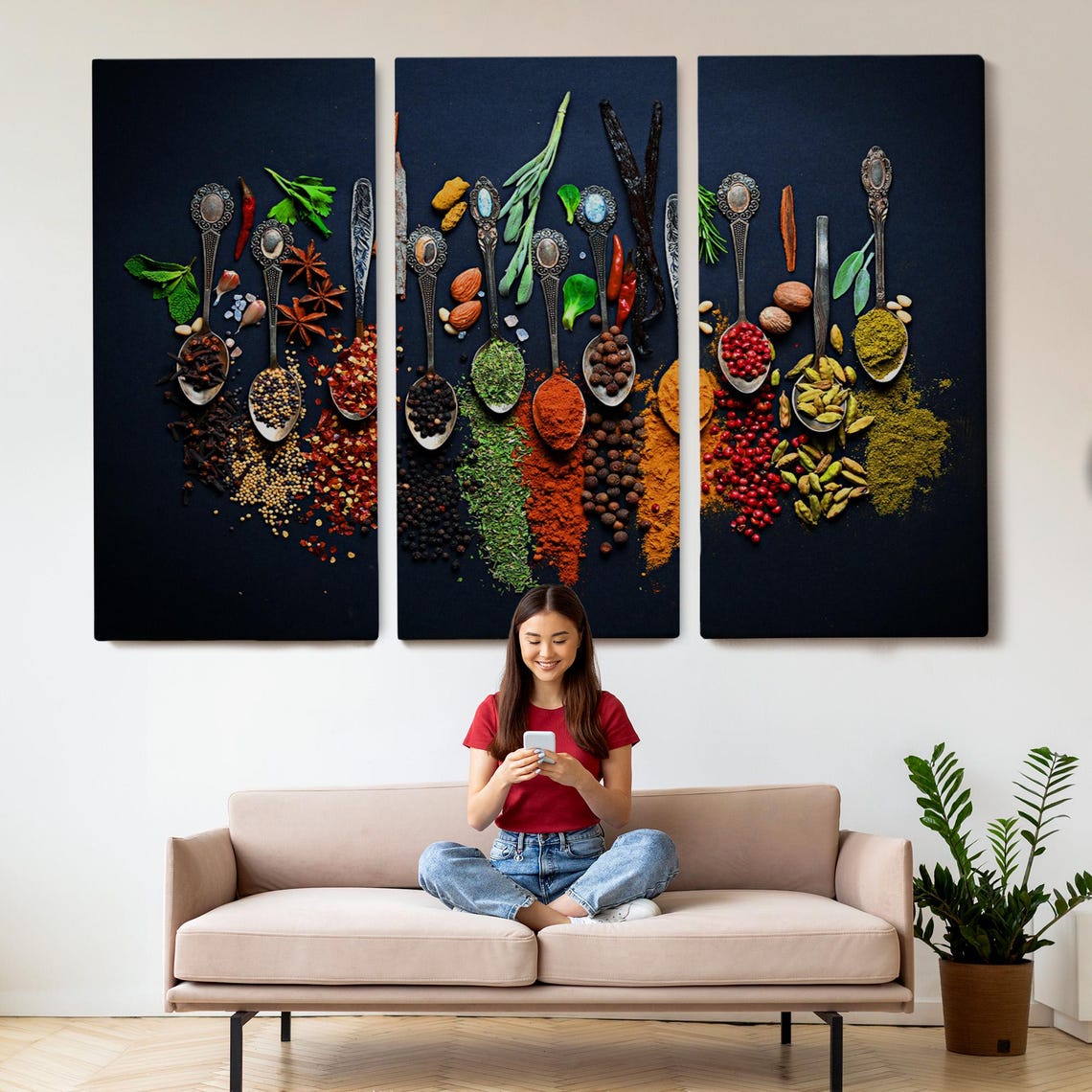 Spices On Vintage Spoons Dark Background Kitchen Still Life Wall Art - Image 2