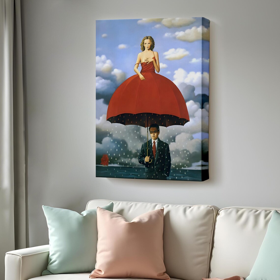 Surreal Woman Umbrella Dress Businessman Rain Dreamlike Canvas Wall Art